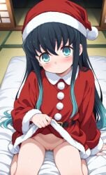 ai_generated blush cuntboy demon_slayer exposing_self genderswap_(mtf) indoors innocent kimetsu_no_yaiba looking_at_viewer muichiro_tokitou no_panties partially_clothed pussy santa_costume santa_hat skirt_lift teenager two_tone_hair young