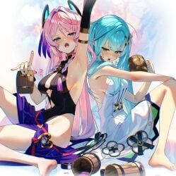 2girls big_breasts blue_eyes blue_hair citlali_(genshin_impact) faruzan_(genshin_impact) genshin_impact green_eyes green_hair long_hair pink_hair thighs twintails