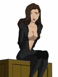 1girls batman_(series) bodysuit bondage breasts brown_hair dc dc_comics dcamu female female_only green_eyes large_breasts legs long_hair milf mother sitting solo son_of_batman talia_al_ghul talia_al_ghul_(dcamu)