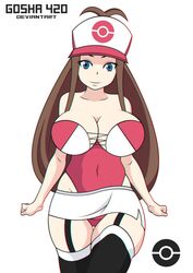 1girls aged_up alternate_outfit arms_at_sides bangs bare_shoulders big_breasts blue_eyes breasts brown_hair cleavage collarbone corset gosha420 hat head_tilt hilda_(pokemon) large_breasts long_hair looking_at_viewer miniskirt nintendo pokemon pokemon_bw skirt solo stockings straight_hair