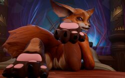 3d_(artwork) anthro ass blizzard_entertainment canid canine digital_media_(artwork) elis_(toxik_enizis) female fox fur genitals hi_res looking_at_viewer mammal multicolored_body multicolored_fur nipples nude open_mouth pussy solo tail text toxik_enzis true_fox two_tone_body two_tone_fur vulpera warcraft white_body white_fur widescreen