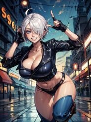 1girls ai_generated angel_(kof) big_breasts blue_eyes boots busty female jacket king_of_fighters latex leather light-skinned_female light_skin short_hair thick_thighs thighs thong voluptuous voluptuous_female white_hair white_skin wide_hips