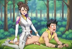 ai_generated anal_sex anal_sex crying crying_with_eyes_open cumming_from_anal_sex cumming_while_penetrated doggy_style forced futa_on_male futadom futanari futanari_penetrating game_freak hair_bun male_penetrated nintendo pokemon pokemon_go purple_lipstick sierra_(pokemon) submissive_male team_rocket white_bodysuit