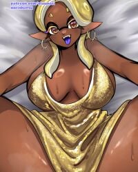 1girls artist_name breasts dress frye_(splatoon) gold_dress golden_dress inkling inkling_girl large_breasts looking_at_viewer nintendo norishiitsu open_mouth pointy_ears solo splatoon splatoon_3 spread_legs sweat tentacle_hair tongue tongue_out yellow_dress