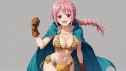 1girls ai_generated big_breasts bikini bikini_top blue_eyes braid braided_hair cleavage cloak collarbone female female_focus female_only gloves gold_bikini green_cape large_breasts light-skinned_female light_skin loincloth necklace one_ai_art one_piece open_mouth pearl_necklace pelvic_curtain rebecca_(one_piece) shonen_jump single_braid smile solo solo_female solo_focus