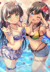 akashi_maho blush breasts clothed d4dj flower flower_in_hair pool pressing_breasts_together shindoi_akio swimsuit togetsu_rei wet yuri