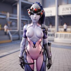 1:1 1girls 3others ai_generated ai_hands arm_tattoo asymmetrical_gloves blizzard_entertainment blue_hair blurry_background bodysuit breasts daytime exposed_breasts feet_out_of_frame female female_focus gloves headgear heterochromia long_hair looking_at_viewer markofores medium_breasts nipples no_bra outdoors outside overwatch public purple_skin red_eyes short_sleeves source_request standing stone_floor tactical_gear tattoo widowmaker yellow_eyes