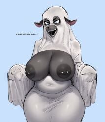 anthro bedsheet_ghost belly big_breasts blue_eyes bovid breasts caprine clothing costume curvy_female curvy_figure esahma exposed_breasts female fur ghost_costume grey_body grey_fur halloween halloween_costume hi_res holidays huge_breasts mammal nipple_piercing nipples piercing slightly_chubby slightly_chubby_anthro slightly_chubby_female solo thick_thighs tight_clothing voluptuous_anthro voluptuous_female wide_hips