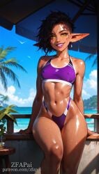 abs ai_generated bikini bottom_heavy cloud dark-skinned_female front_view goblin_female nipple_bulge oc original_character resort shiny_skin slim_waist small_breasts smile thick_thighs wet wet_skin yellow_eyes zfapai zuzka_liklik