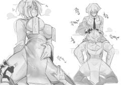 1boy1girl 2d back_view blowjob blush erect_nipples erect_nipples_under_clothes greyscale holding_head holding_thigh korean_text kromer_(limbus_company) limbus_company project_moon sinclair_(limbus_company) straddling submissive_male thigh_squeeze thigh_squish