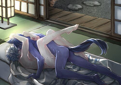 2boys anal ass barefoot closed_eyes detailed_background feet futon gintama gintoki_sakata happy_sex hijikata_toshiro hug indoors kissing lantern male_only missionary multiple_boys nude sex shouji silver_hair silversnow sweat tagme tatami toes yaoi