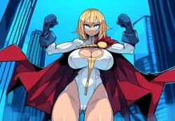 1girls ai_generated alien alien_girl blonde_hair blue_eyes cameltoe dc dc_comics female huge_breasts kryptonian leotard mullon novelai power_girl solo superheroine superman_(series) top_heavy