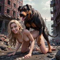 ai_generated blonde_female blonde_hair canine completely_nude cum_in_pussy cum_inside cumdrip doggy_style doggy_style domestic_dog enjoying evil_smile female_on_feral feral_on_female feral_on_human feral_penetrating_human interspecies knotting leaking_cum looking_pleasured pleasure_face sex sweating vaginal_sex zoophilia