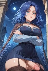 1futa ai_generated arms_under_breasts big_breasts big_penis choker crossed_arms dickgirl elden_ring erotic_costume from_below fromsoftware futanari greentime high_resolution highres ranni_the_witch solo solo_dickgirl solo_futa solo_futanari stockings transparent_clothing