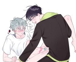 alien_stage black_hair blush clothes cuntboy gay gray_hair grey_hair intersex ivan_(alien_stage) leg_grab leg_up pubic_hair pubic_tattoo pussy_hair pussy_juice shirt_lift till_(alien_stage) vagina yaoi