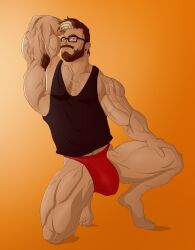 arm_behind_head armpit armpit_hair balls bara beard big_balls big_penis bulge facial_hair flaccid glasses huge_cock john_(jondessins) jondessins male male_only muscles muscular penis solo solo_male spread_legs