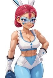 1girls abs ai_generated alix_kubdel big_breasts blue_eyes bra bunny_ears bunnyx_(character) cleavage domino_mask dumbell elderly_female female_only future_alix_kubdel future_self glasses gloves graying_hair hand_on_hip miraculous_ladybug muscular_female older_female orange_hair solo tagme tan_skin wide_hips