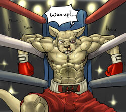 ! 1boy abs anthro biceps big_muscles black_eye blood blush brown_fur brown_nose bruise bulge canine clothed clothing cum defeated fight front_view fur gloves half-dressed hi_res husky_(artist) kangaroo male male_only mammal marsupial muscular nipples orange_eyes pecs precum punch shorts solo sport sweat tan_fur tears topless underwear