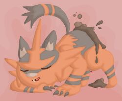 2018 ambiguous_gender ass_up black_claws bubbling claws closed_eyes cute_fangs diarrhea fangs feces feces_on_body feces_on_butt feces_on_ground feces_pile feral fur generation_7_pokemon grey_body grey_fur jubb nintendo open_mouth orange_body orange_fur pokemon pokemon_(species) pooping_on_floor scat signature solo tan_nose teeth toe_claws torracat wavy_mouth