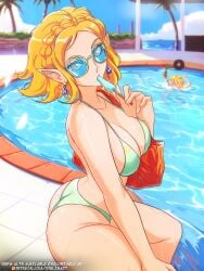 >_< 1boy absurdres artist_name asphyxiation ass bag bikini blonde_hair blue-tinted_eyewear blue_sky braid breasts cleavage cloud commentary crown_braid day drowning earrings english_commentary english_text female food food_in_mouth glasses green-framed_eyewear green_bikini highres holding holding_food holding_popsicle jewelry large_breasts link link_(tears_of_the_kingdom) looking_at_viewer nintendo opalis open_mouth palm_tree panicking parted_bangs patreon_logo patreon_username pointy_ears pool poolside popsicle popsicle_in_mouth princess_zelda short_hair shoulder_bag sitting sky swimsuit tears_of_the_kingdom the_legend_of_zelda the_legend_of_zelda:_tears_of_the_kingdom tinted_eyewear tree triforce_print watermark web_address zelda_(tears_of_the_kingdom)