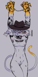 1girls breasts chained chained_up fortnite furry genitals gold_eyes gold_hands gold_tail hat marigold_(fortnite) meowskulls pussy scar scared_face sinnerbuns tattoo tattoo_on_breast tattooed_arm