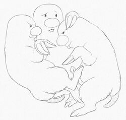 2015 animal_genitalia dugtrio female feral group group_sex mammal mole monochrome nintendo pencil_(artwork) pokemon pussy rodent sex simple_background smile tongue traditional_media_(artwork) video_games white_background yaroul yuri