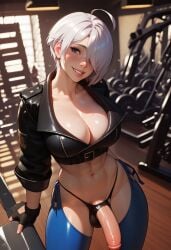 1futa 2d abs ahoge ai_generated angel_(kof) athletic balls balls_in_panties belt big_ass big_breasts big_penis black_panties blue_eyes blush bob_cut breasts chaps cleavage cropped_jacket curvy fingerless_gloves flaccid from_above futanari gym hair_over_one_eye half-erect high-angle_view indoors jacket king_of_fighters large_ass large_breasts large_penis leather_jacket light_skin looking_at_viewer midriff navel panties penis penis_out santopati self_upload short_hair sleeves_rolled_up slim_waist smile solo thong toned white_hair wide_hips