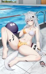 1girls 2024 animal_ears arknights belly belly_button bikini blue_eyes blush hi_res kemonomimi lappland_(arknights) legs_apart light-skinned_female light_skin long_hair looking_at_viewer midriff scar smile solo spread_legs swimming_pool swimsuit swimwear tail white_hair wolf_ears wolf_girl wolf_tail xiaoxxxxsd