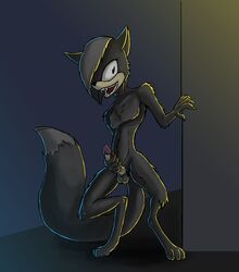 1boy anthro black_fur brandon_the_wolf canine cool_colors evil_grin fangs fur inside male male_only mammal masturbation open_mouth redgord_(artist) sharp_teeth smile solo sonic_(series) teeth were werewolf wide_eyed