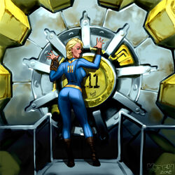 ass blonde_hair blue_eyes bodysuit boots computer electronics fabalex fallout fallout_4 female kras krashzone legio looking_back pip-boy short_hair solo standing vault vault_suit wristwear