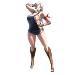 3d 3d_model amazon arms_up bandana bandana_around_arm boots braided_hair facial_markings feet fit fit_female game_cg gloves hand_behind_head hand_on_hip hi_res highres horizon_walker huge_breasts large_breasts light-skinned_female light_skin lips lipstick long_hair mature mature_female no_bra official_art olsa_(horizon_walker) overalls shorts sideboob simple_background sleeves smile smiling solo solo_female tall_female thick_thighs thighs white_hair yellow_eyes