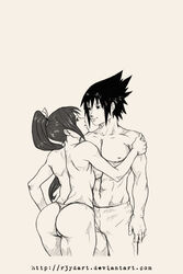 1boy 1girls ass clothed_male crossover fatal_fury female greyscale human king_of_fighters mai_shiranui male monochrome naruto naruto_(series) panties r3ydart sasuke_uchiha snk straight text thong