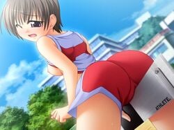 breasts dutch_angle female female_only human hurdle short_hair shorts solo track