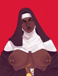 1girls away beauty breasts corruption dark dark-skinned dark-skinned_female dark_nipples demon down eyes female girl habit halo horns looking milf nipple_piercing nipples nun nun's nun's_habit nun_outfit only out praying red remake remastered skin tagme upside_down_cross