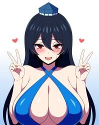 1girls 2d bare_shoulders big_breasts black_hair blush breasts cleavage double_peace_sign double_v female gradient_background heart heart_around_head hearts_around_head iizunamaru_megumu long_hair looking_at_viewer medium_breasts nails open_mouth peace_sign red_eyes shiny_clothes shiny_hair shiny_skin simple_background smile solo source ssaf ssaf52913778 ssaf_seibeupail standing sweatdrop swimwear swimwear_only tengu tokin_hat touhou upper_body v