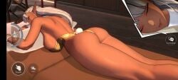 3d 3d_model ass ass_focus bunny_ears bunnysuit dark-skinned_female dark_skin elf elf_ears elf_female english_text exposed_back fake_animal_ears fit fit_female game_cg hi_res highres horizon_walker huge_ass huge_breasts kalina_(horizon_walker) large_breasts legs lips lipstick massage_table official_art pointy_ears text thick_thighs thighs white_hair