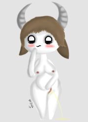 2018 anthro blush blush_stickers bodily_fluids breasts brown_hair ears_down embarrassed female fur genital_fluids genitals hair hand_on_belly hand_on_chin horn jubb nipples peeing peeing_on_ground pink_nipples pivoted_ears pussy signature solo standing unknown_species urine urine_on_ground white_body white_fur