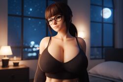 1girls 3d 3d_(artwork) ai_generated big_breasts brown_hair brown_hair busty cleavage glasses large_breasts madz(oc) ponytail radnsad solo solo_female solo_focus