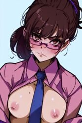 1girls ai_generated bangs big_breasts blush breasts brown_hair flustered_female fringe frown glasses ky_anh looking_at_viewer open_shirt pink_eyes pink_shirt rule_63 shirt solo tie tied_hair