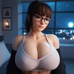 1girls 3d 3d_(artwork) ai_generated big_breasts brown_hair brown_hair busty cleavage glasses large_breasts madz(oc) ponytail radnsad solo solo_female solo_focus