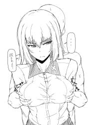 1boy breast_grab breasts female girls_und_panzer groping groping_breasts itsumi_erika kuromorimine_school_uniform monochrome muchabou