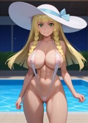 1girls ai_generated big_breasts female game_freak lillie_(pokemon) nintendo pokemon pokemon_sm sling_bikini slingshot_swimsuit solo xvqa