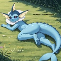 1ambiguous ai ai_art ai_generated ambiguous_gender anthro ass blue_body blue_skin grass grass_field nintendo patreon patreon_username pokemon pokemon_(species) smile vaporeon watermark