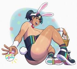 2020s 2024 ass ass_focus athletic athletic_female black_hair black_sneakers black_socks blue_highlights bowtie bowtie_collar brown_eyes bunny_ears_headband bunny_tail bunnysuit cuffs digital_media_(artwork) easter easter_basket easter_egg female four_tone_hair green_highlights headband jieb medium_breasts open_mouth painted_eggs playboy_bunny ponytail rabbit_headband red_highlights sideboob simple_background smile sneakers socks sporty sweat tan-skinned_female tan_skin tanline thighs yeet-chan