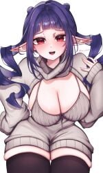 1girls blue_hair blush breasts cleavage dizzy_dokuro female female_only huge_breasts kam_oekaki light-skinned_female light_skin looking_at_viewer open_mouth phase_connect phase_invaders pointy_ears red_eyes simple_background solo sweater virtual_youtuber white_background