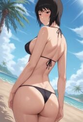 1girls ai_generated ass_focus bare_legs bare_midriff bare_shoulders beach bikini bikini_bottom bikini_top black_eyes black_hair blush breasts cleavage clouds curvaceous curvy curvy_body curvy_female curvy_figure day female female_only high_resolution highleg highleg_bikini light-skinned_female light_skin looking_at_viewer looking_back mature mature_female medium_breasts nai_diffusion naruto naruto_(series) naruto_shippuden navel ocean palm_tree pinup pony_diffusion_xl rear_view round_ass sand seaside self_upload shizune shoulder_length_hair solo stable_diffusion sunlight swimsuit toned_female voluptuous walking water wide_hips