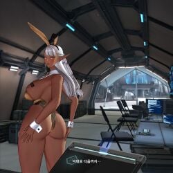 3d 3d_model alternate_costume ass ass_focus blush blushing_at_viewer bunny_ears bunnysuit chair computer computer_monitor dark-skinned_female dark_skin dat_ass elf elf_ears elf_female fake_animal_ears fit fit_female game_cg grabbing_ass grabbing_own_ass hand_on_butt hand_on_own_ass hi_res highres horizon_walker huge_ass huge_breasts kalina_(horizon_walker) korean_text large_breasts long_hair looking_at_viewer looking_back official_art open_mouth pointy_ears presenting presenting_hindquarters suggestive_gesture suggestive_look suggestive_pose text thick_thighs thighs white_hair wide_hips yellow_eyes