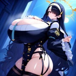 1girls ai_generated big_breasts black_hair female halo hinata_(blue_archive) huge_breasts large_breasts long_hair minmin nun red_eyes solo