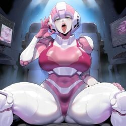 ai_generated arcee arcee_(g1) big_breasts exposed_breasts female huge_breasts lipstick looking_at_viewer metallic_body nipples panties pink_background robot robot_girl smile solo solo_focus squeezing_breast transformers upper_body