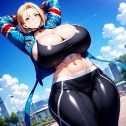 abs ai_generated big_breasts blonde_hair blue_eyes breasts cammy_white cleavage gigantic_breasts huge_breasts large_breasts light-skinned_female light_skin massive_breasts midriff minmin short_hair street_fighter tight_ tight_clothing